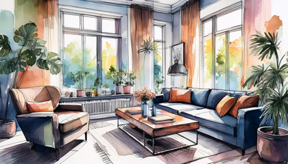 Fototapeta premium Watercolor interior sketch of a cozy living room filled with plants