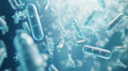 A detailed exploration of bacteria and various molecules floating in a blue environment, showcasing their intricate structures and interactions. Generative AI