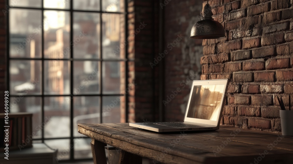 Poster A laptop rests on a rustic wooden desk in a warmly lit room, showcasing a creative workspace filled with character and charm. Generative AI