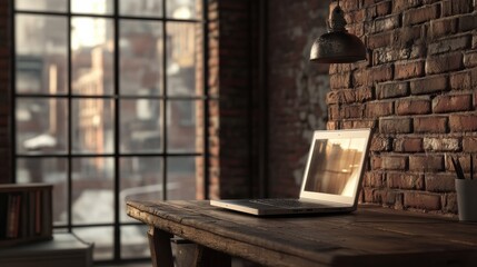 A laptop rests on a rustic wooden desk in a warmly lit room, showcasing a creative workspace filled with character and charm. Generative AI