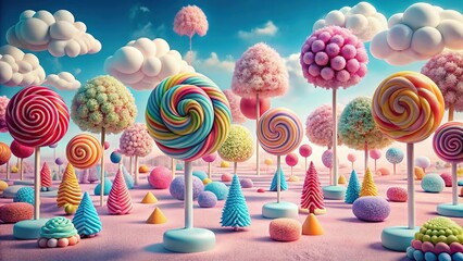 Whimsical candy land with colorful lollipop trees and marshmallow clouds