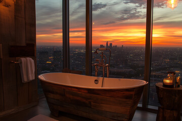 Fototapeta premium Unwind in an Urban Oasis: Bathroom with Bathtub Made of Reclaimed Wood