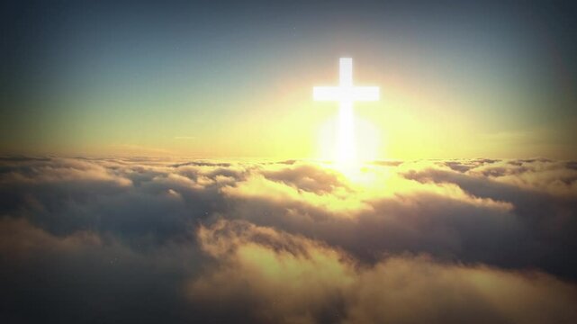 Christian, heaven and religion with cross on blue sky for worship, spiritual guide and clouds. Catholic, prayer and faith with crucifix graphic for gospel, Christmas holiday and Jesus christ