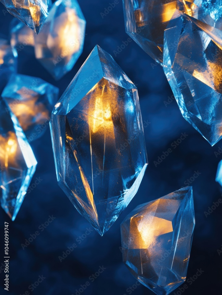 Leinwandbilder Delicate crystalline structures radiate light and form captivating reflections in a tranquil blue setting, creating an enchanting atmosphere. Generative AI