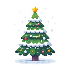 Obraz premium Flat, isolated illustration of a festive Christmas tree adorned with colorful ornaments, lights, and a shining star on top. The tree has a classic triangular shape and vibrant green branches. 