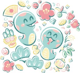 2025　年賀状素材　巳年　巳　手描き　へび　かわいい　和柄　イラスト素材