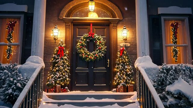 Hanging a festive wreath on the front door, with snow-covered steps and holiday lights creating a welcoming atmosphere. . Video