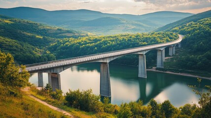 Elevated highway bridge spans across lush valley and river