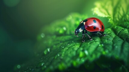 Fototapeta premium Ladybug on a Dewy Leaf