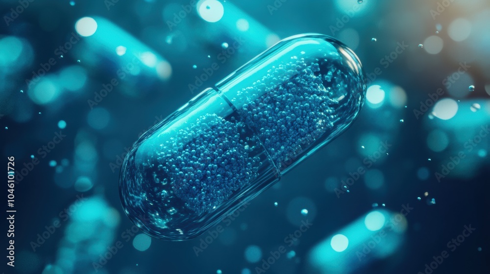Fototapete a clear capsule filled with tiny particles floats peacefully in a vivid blue setting, showcasing mic