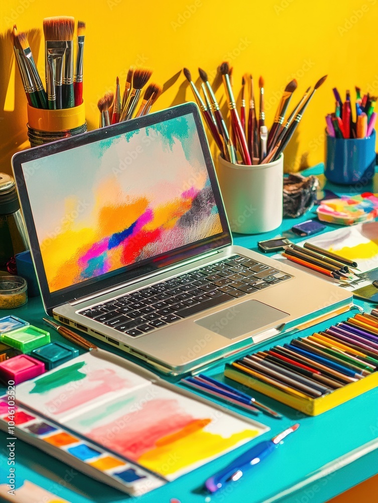 Poster an organized desk features a laptop displaying colorful artwork, surrounded by various art supplies 