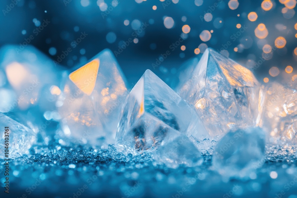 Poster Geometric icy crystals glow, casting reflections and shimmering against a stunning blue backdrop, creating a mesmerizing visual effect. Generative AI