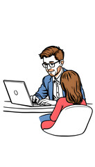 Professional psychologist having online meeting with client via laptop isolated with white highlights, png
