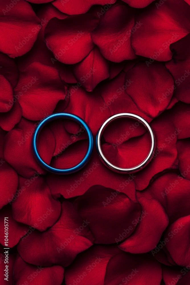 Canvas Prints Two rings on red rose petals, symbolizing love and commitment.