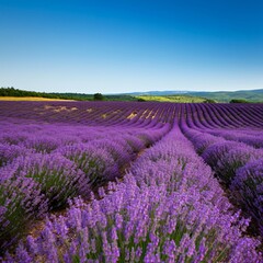 Rolling hills covered with lavender fields under a bright blue sky