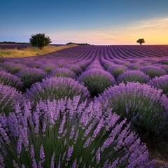 Rolling hills covered with lavender fields under a bright blue sky