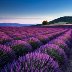 Fototapeta premium Rolling hills covered with lavender fields under a bright blue sky