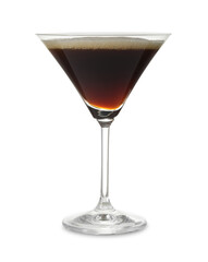 One glass of delicious espresso martini on white background