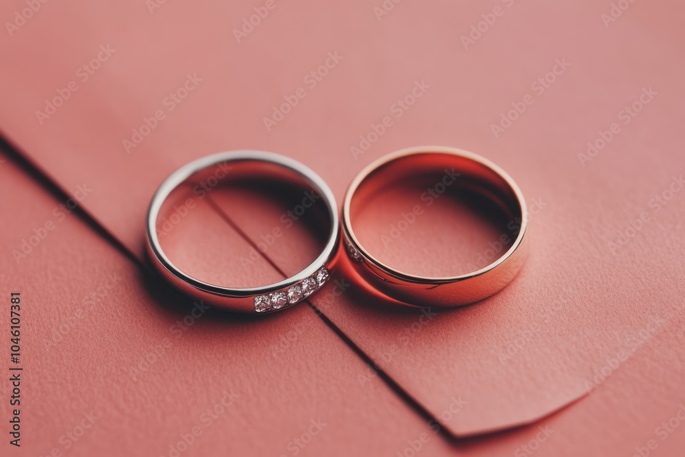 Canvas Prints Two wedding rings placed on a pink envelope, symbolizing love and commitment.