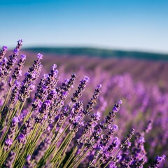 Obraz premium Rolling hills covered with lavender fields under a bright blue sky