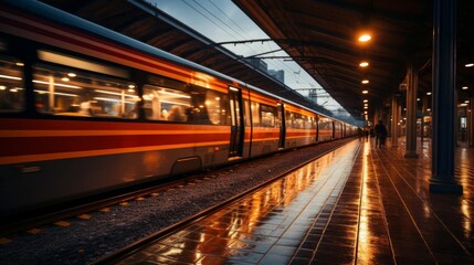 Fototapeta premium A train is at a station with a wet platform