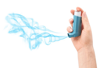 Asthma treatment. Woman holding inhaler on white background, closeup. Aerosolized medication coming...