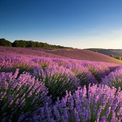 Fototapeta premium Rolling hills covered with lavender fields under a bright blue sky