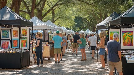 People browsing artwork at an outdoor art fair under canopies