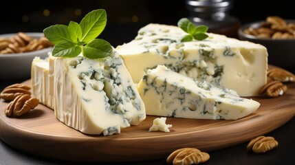 A wedge of blue cheese is on a wooden cutting board with a green leaf on top