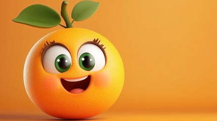 A whimsically handcrafted orange adorned with green eyes and a smile, topped with a leafy accent, centered against a vibrant orange setting, emitting happiness.