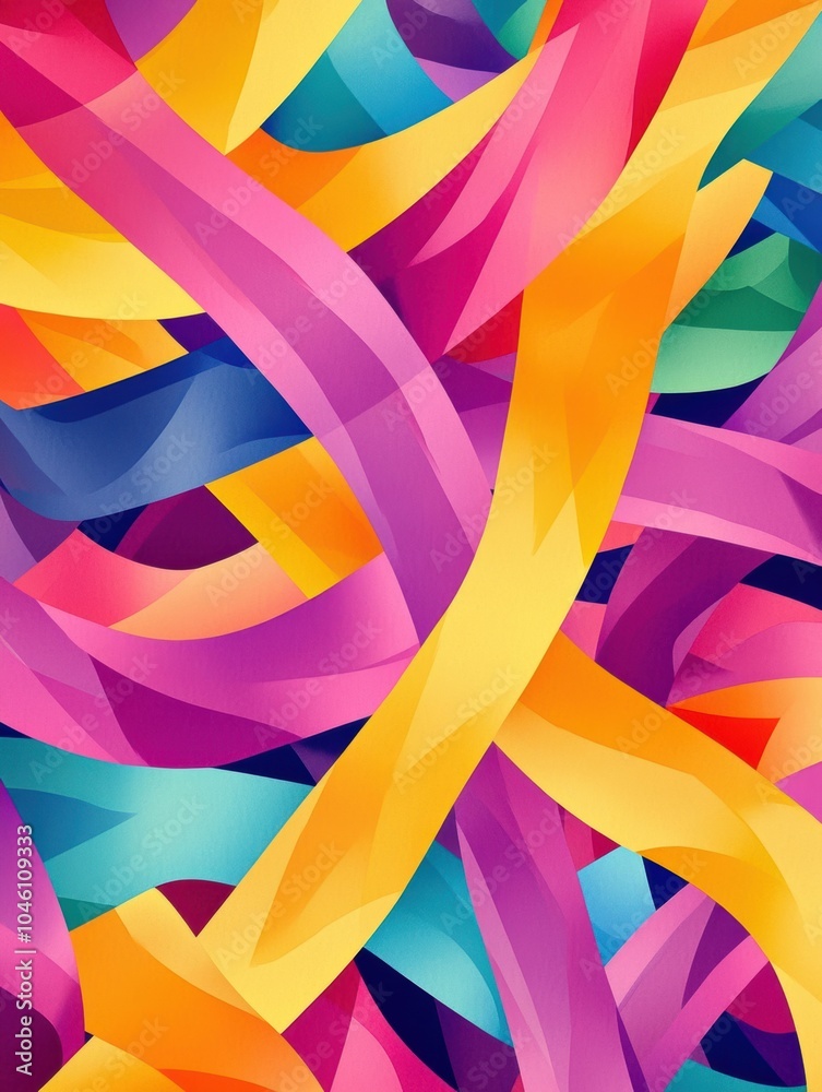 Poster Bright ribbons and bows intertwine in a captivating pattern, showcasing a blend of colors and smooth intersections. Generative AI