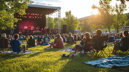 Concertgoers Relaxing in Grassy Area Facing Stage