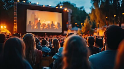 Crowd watching a movie on a large outdoor screen at night