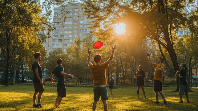 Group of friends playing frisbee in a park with a city in the background