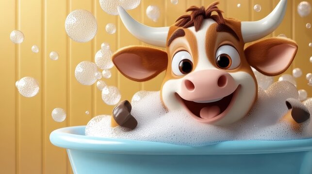This delightful cartoon image features a cheerful cow enjoying a lively bath with overflowing bubbles, conveying a sense of joy and playfulness in a whimsical setting.