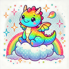 Obraz premium Rainbow Dragon on a Fluffy Cloud, Generative Ai