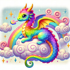 Fototapeta premium Rainbow Dragon Perched on a Fluffy Cloud, Generative Ai