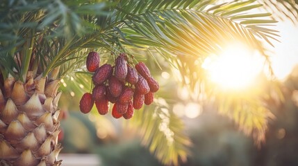 Red dates hanging on a palm tree against a sunset.