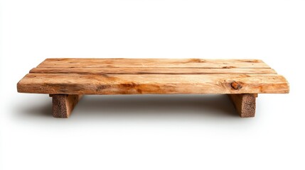 A rustic wooden platform featured in the foreground against a smooth, clean white background, evoking themes of simplicity, strength, and natural construction.