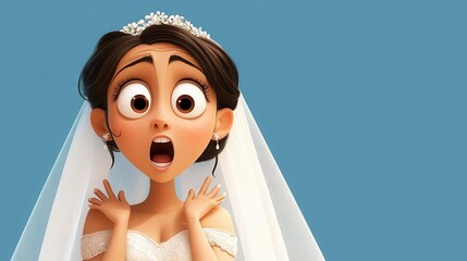 An animated bride character with a wide-eyed surprise look, wearing elegant wedding attire, her charm and pleasant humor set against a soft blue background.