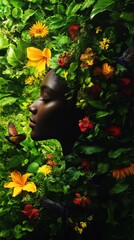 Portrait of a woman surrounded by vibrant flowers and greenery.