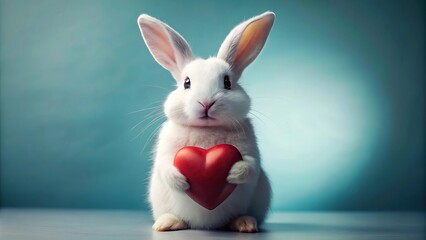 Fototapeta premium Whimsical white bunny holding a loving heart in a low angle shot