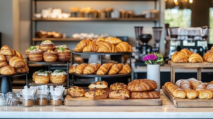Freshly baked croissants and pastries displayed on a counter in a cafe.