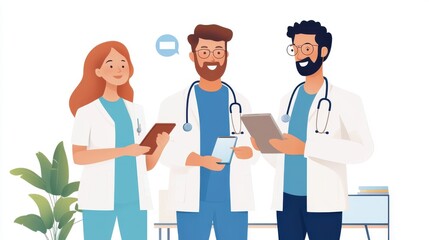 Three doctors, two men and a woman, stand in conversation, each with a digital device, showing interaction and collaboration in modern medicine with technology.
