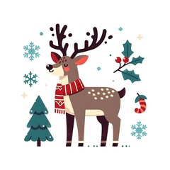 Naklejka premium Flat, isolated illustration of a standing reindeer with large antlers. The design features smooth lines, a neutral brown color, and a simple yet elegant profile, evoking holiday themes.