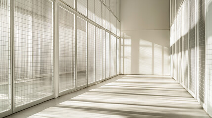 Obraz premium Animal shelter concept,This minimalistic corridor features grid-like walls,allowing soft daylight to create delicate shadows on floor,enhancing serene atmosphere,copy space