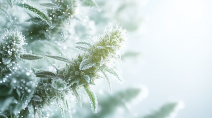 Obraz premium Cannabis Plant Covered in Frost with Bright Light Background