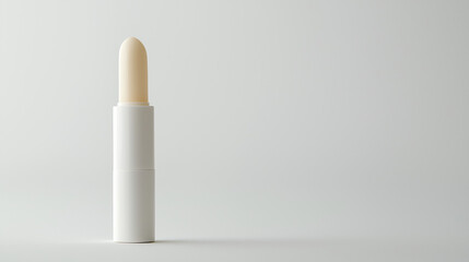 Anti-chap balm concept,white lip balm tube is positioned upright on a light surface,highlighting its sleek,minimalist appearance and practical design for everyday use,copy space