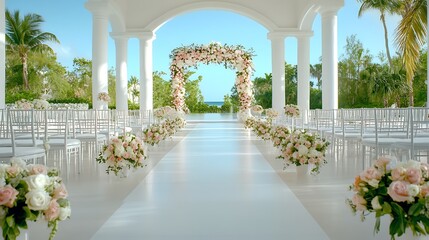 Obraz premium Flower-Covered Arch with Long Aisle A wide shot of a wedding ceremony with a grand floral archway at the end of a long aisle. The arch is covered in white, pink, and peach roses