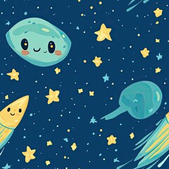 Fototapeta premium A Cartoon Rocket and Planet in a Night Sky with Stars